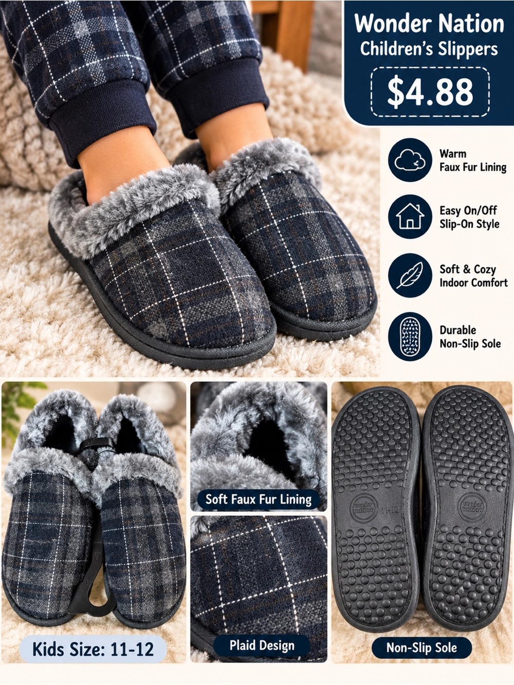 Wonder Nation Girls' Navy and Gray Plaid Faux-Fur Lined Slip-On Slippers